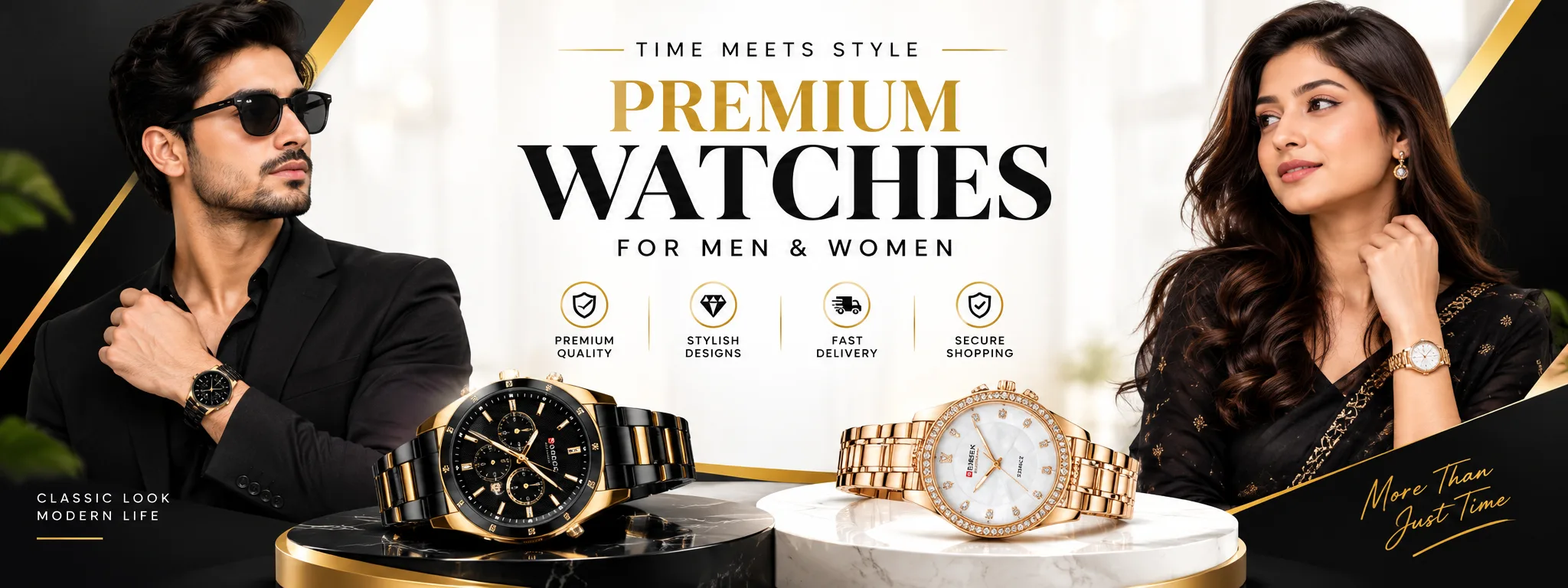 A brown leather tote, a gold watch and black sunglasses on a warm studio backdrop